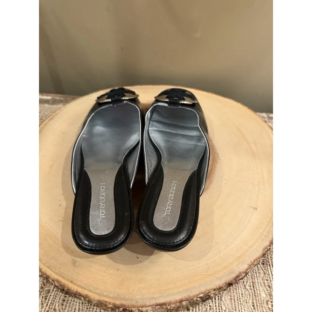 Tory Burch Woven‎ Logo Kitten Heel Mule Size 7.5 Black Goat Leather MSRP$358